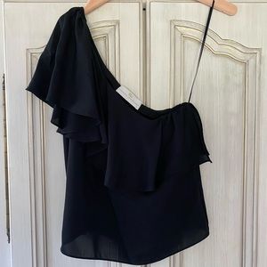 Amanda Uprichard Black Silk One Shoulder Ruffle Top, XS